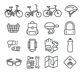 Outline icons of bicycles and cycling gear on gray background