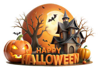 Spooky happy halloween scene with jack-o-lantern haunted house bats and full moon