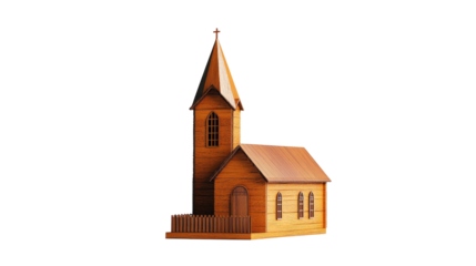 A simple wooden church with steeple on a white background - png