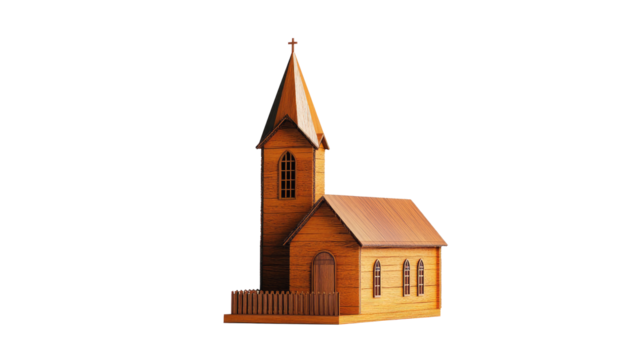 A simple wooden church with steeple on a white background - png