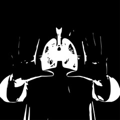 White Anatomical Illustration of Human Lungs and Respiratory System on Black Background.