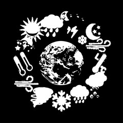 White Globe Surrounded by Weather Icons Depicting Climate and Meteorology.
