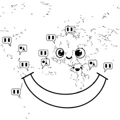 Whimsical World Map Smiling with Speech Bubbles, Black and White Outline.