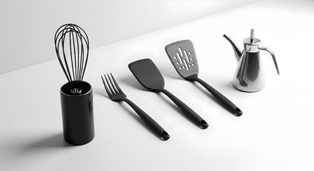 Black Kitchen Utensils and Metal Oil Dispenser on White Background
