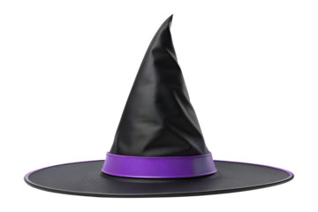 This black witch hat with a bright purple band stands ready, isolated on a transparent background, a perfect png for spooky designs.