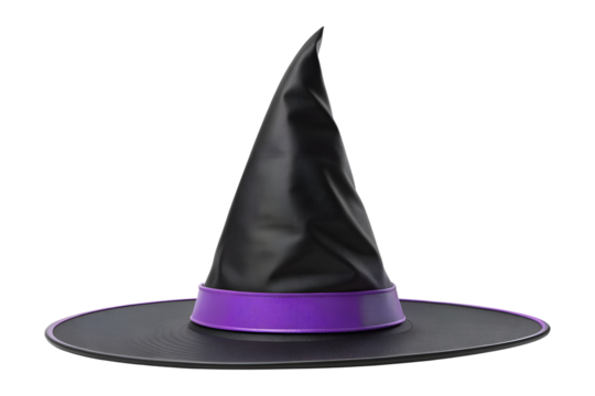 This black witch hat with a bright purple band stands ready, isolated on a transparent background, a perfect png for spooky designs.