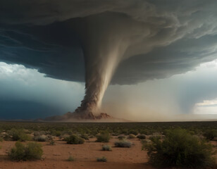 A huge tornado hits the desert landscape with great force. AI generated illustration, storm in the desert