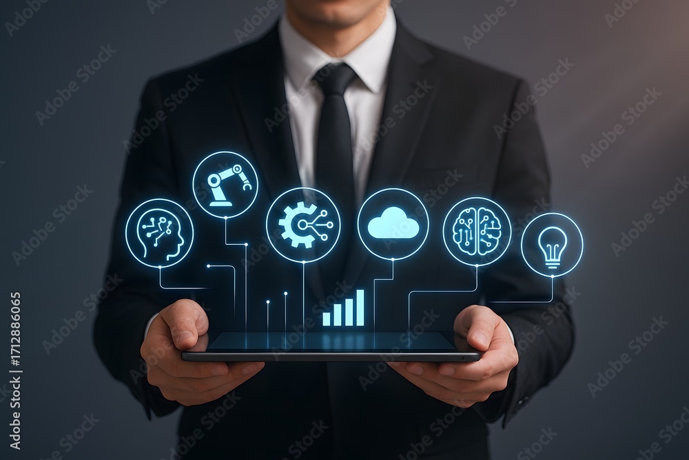 Poster a man in a suit holding a tablet displaying ai icons representing technology and automation concepts
