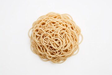 Quick and simple preparation of dry, round instant noodles for Japanese-style ramen, isolated on a white background. Close-up, top perspective.