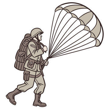 Paratrooper soldier in uniform with backpack and open parachute descending during a military operation
