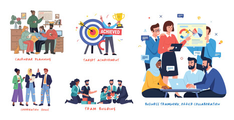 Calendar planning, Target achievement, cooperation skills, Team building, business teamwork, office collaboration. Flat graphic vector illustrations isolated on white background