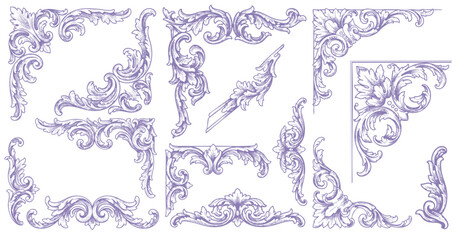 baroque victorian frame border illustration vintage floral ornament vector line art hand drawn set collection
