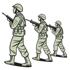 Three soldiers in uniform marching forward with rifles held at the ready in a stylized illustration