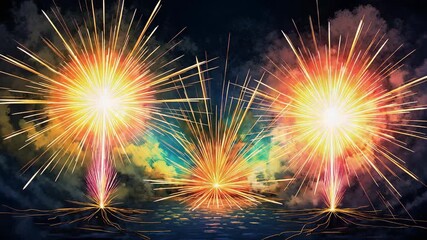 Colorful fireworks exploding over water at night for Lunar New Year  