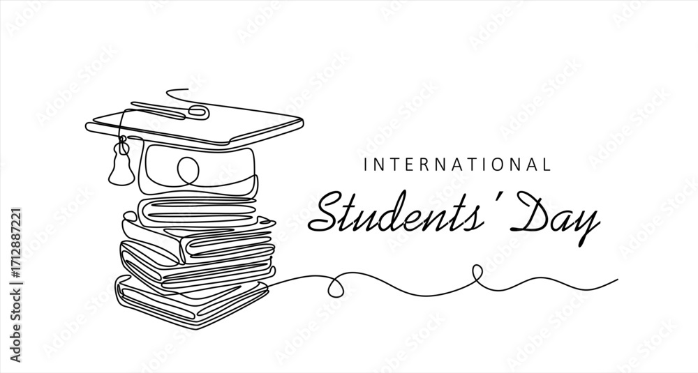 Poster continuous one single line drawing of graduation hat and books stack. international students’ day. h