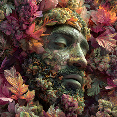 Statue-like portrait of a man’s face covered in colorful leaves and flowers
