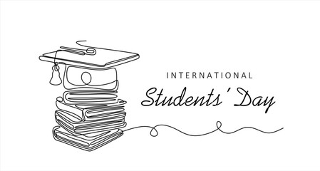Continuous one single line drawing of graduation hat and books stack. International students’ day. Hand drawn one line vector. Editable stroke