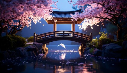 Tranquil Garden with Cherry Blossoms and Traditional Bridge Over Still Water
