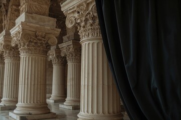 Round stone columns featuring engraved emblems draped in dark cloth