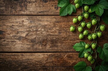 Vintage backdrop featuring hop plants with mature cones and foliage on coarse timber