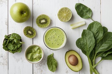 Green fruits like apple, lime, spinach, and kiwi laid out on a white wooden table for a nutritious fruit smoothie promoting detox and wellness.