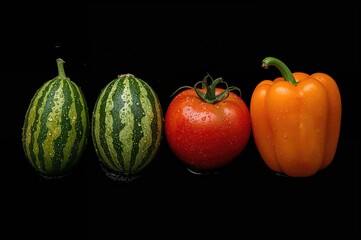 Line of cucamelons with organic green tiger tomatoes, red heirloom tomatoes, and orange peppers, water droplets on a dark backdrop