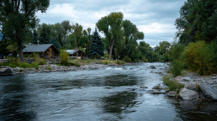 Obraz premium Serene riverside landscape featuring lush trees, rustic cabins, and gentle flowing water under a cloudy sky creating a peaceful natural ambiance.
