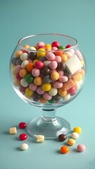 A Colorful Mix: A close-up shot of a filled glass cup with various candies on a solid background in a beautiful and artistic presentation.