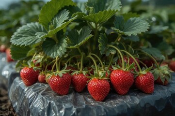 Detailed view of ripe red strawberries developing in a plastic grow bag among vibrant green foliage and nutrient-rich earth.