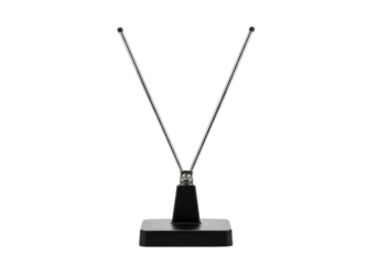 A vintage black rabbit ear TV antenna with silver V-shaped rods and a black base, isolated on a transparent background with copy space, nostalgia for old technology