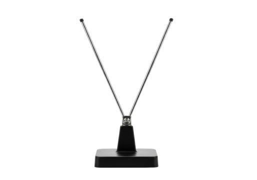 A vintage black rabbit ear TV antenna with silver V-shaped rods and a black base, isolated on a transparent background with copy space, nostalgia for old technology