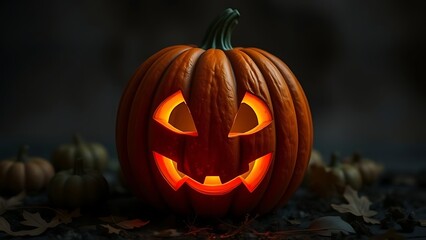 Jack-o'-Lantern's glow: A carved pumpkin with a grinning face radiates warm light against a mysterious dark backdrop, surrounded by additional pumpkins, and fallen leaves.