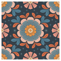 A bold, symmetrical floral pattern featuring large, stylized flowers in soft peach, orange, and blue tones on a dark navy background. The balanced, radial layout gives this design a folk-art charh.