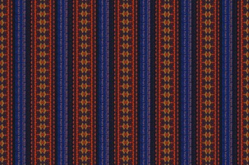 Obraz premium Ethnic-inspired handmade patterns featuring tribal floral and geometric designs on vibrant wax print fabric, perfect for creative projects. Seamless 2D textile illustration with striped motifs.