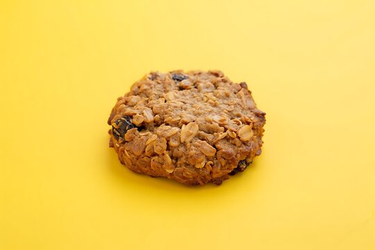 A single textured oatmeal raisin cookie on a bright yellow background