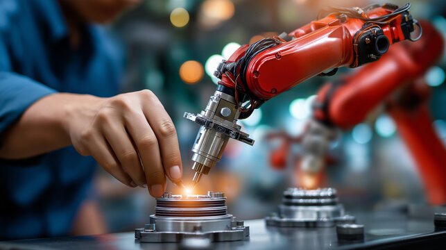 Young Asian Male Robotics Engineer Programming Advanced Red Robotic Arms to Weld Automotive Parts in a Smart Car Manufacturing Plant. Technician Operating Control Panel While Monit