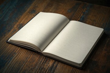 Fototapeta premium Notebook with lined sheets placed on a wooden surface, suitable for business, design, and art purposes