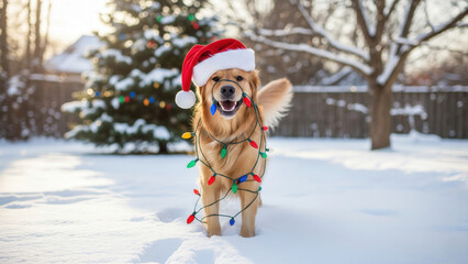 Funny Golden retriever wearing a Santa hat in a snowy yard, tangled in colorful Christmas lights