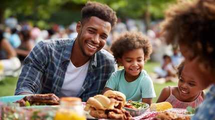 Young African American Family Members Celebrating Juneteenth with Soul Food BBQ and Sweet Tea at Community Park Pavilion. Multi-Generational Gathering Enjoying Ribs and Cornbread W