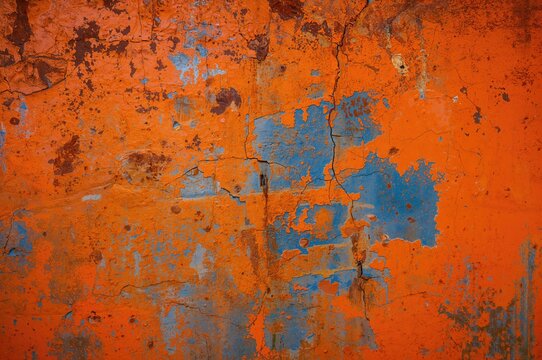 Rusty orange metal surface with cracked and peeling paint, featuring blue paint stains and corrosion marks - Powered by Adobe
