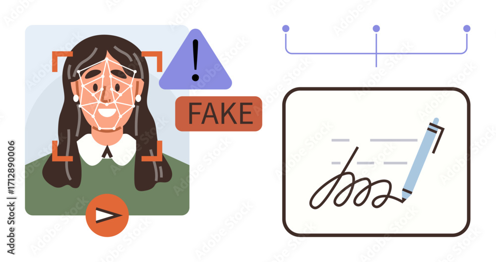 Poster facial analysis identifying fake identity with warning and digital pen verifying a signature. ideal 