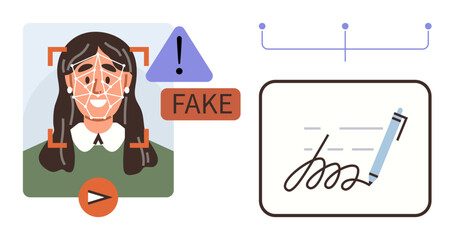 Facial analysis identifying fake identity with warning and digital pen verifying a signature. Ideal for security, fraud detection, identity verification, authentication, biometrics, artificial