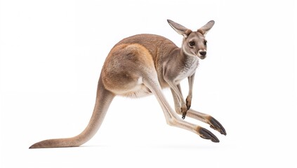 Fototapeta premium Single Western Gray Kangaroo Leaping Against White Backdrop, No Humans, Space for Text