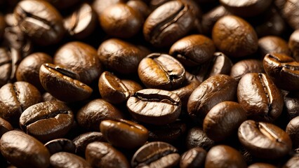 Fototapeta premium Dynamic macro close-up of roasted coffee beans, highlighting rich textures and dark hues, evoking aromatic and flavorful coffee experiences