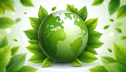 Green Earth surrounded by leaves, symbolizing environmental protection and sustainability