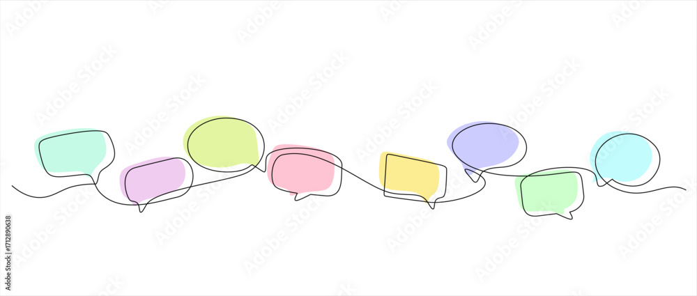 Poster continuous one line drawing of four speech bubbles with modern minimalist style on white background 