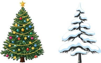 Decorated Christmas Tree and Snow-Covered Evergreen Tree Vector Illustration for Holiday Design, Seasonal Concept, Botanical Study, Nature Comparison, and Education