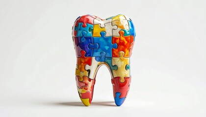 Colorful jigsaw puzzle shaped like a tooth — playful anatomy, crafted complexity, symbolic oral health.