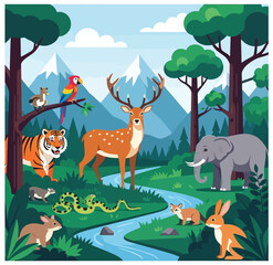 Colorful vector illustration of wild animals in forest with mountains, river, trees, tropical birds, and natural landscape.
