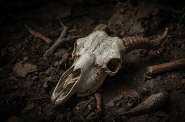 A goat skull rests on damp, shadowy soil.